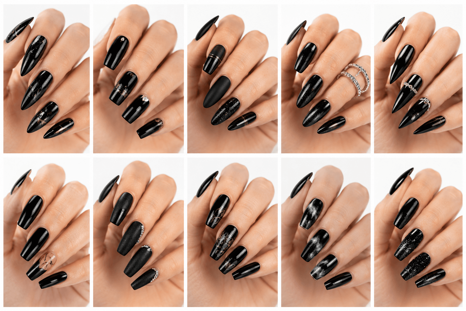 Black nails are bold, sleek, and fashion-forward, often used to create a strong visual identity. This style can feel minimal and modern with a glossy black finish, edgy with matte texture, luxurious with gold accents, or mysterious with chrome, cat-eye, or gothic details. Black nail designs are especially popular in editorial beauty, street fashion, evening looks, concerts, and seasonal themes such as Halloween. Despite its strong impression, black can also be surprisingly elegant when paired with clean shapes and subtle negative space. It is ideal for users who want a manicure that feels confident, cool, and intentionally styled rather than sweet or traditional.