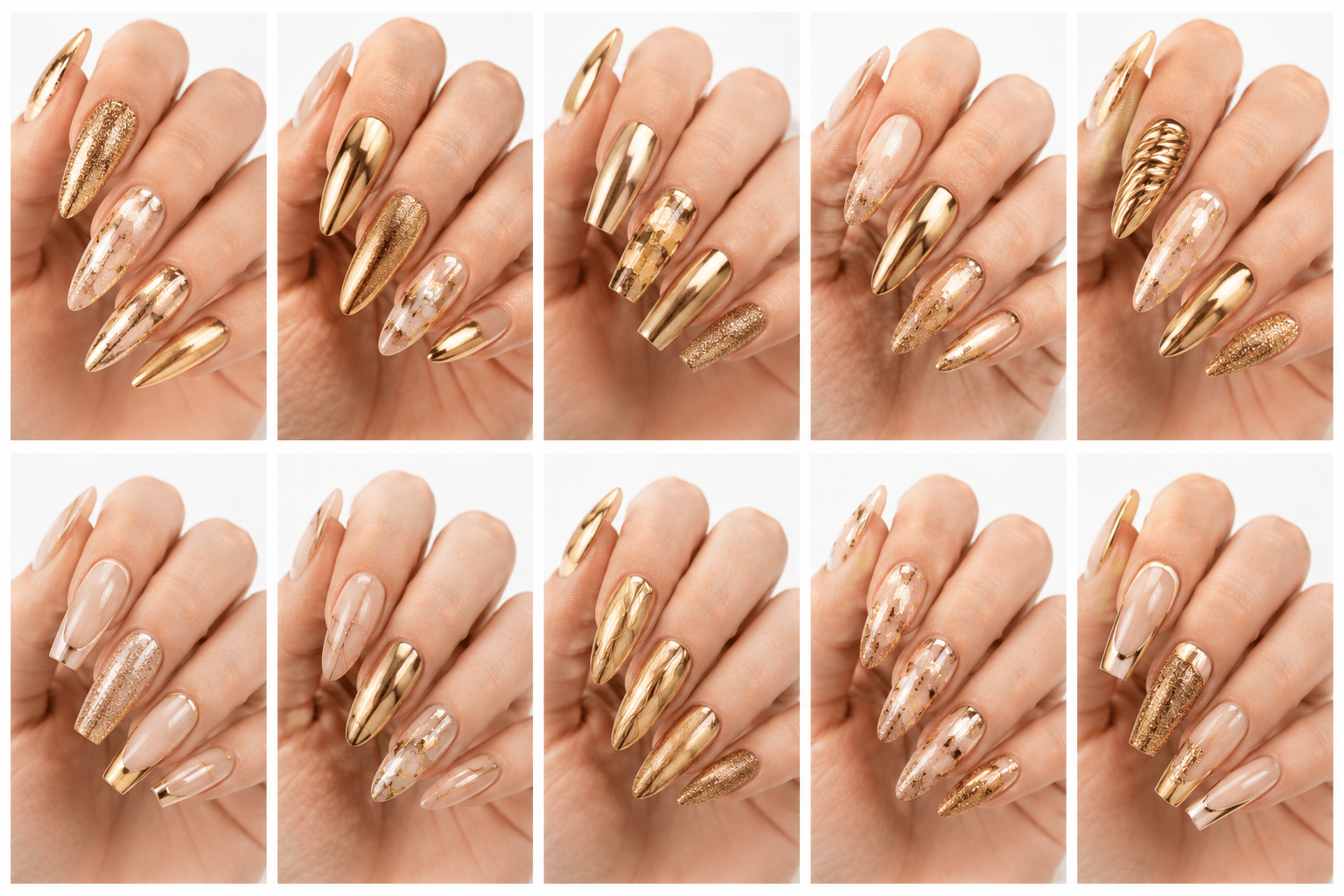 Gold nails are glamorous, festive, and luxurious, perfect for users who want their manicure to feel special and eye-catching. This style can be created with metallic polish, chrome powder, glitter, foil, gold flakes, fine lines, or jewelry-inspired accents. Full gold nails make a bold statement, while small gold details over nude, white, black, red, or green bases create a more elegant and wearable effect. Gold is strongly associated with celebration, success, warmth, and premium beauty, making it ideal for parties, weddings, holidays, Lunar New Year, and editorial nail collections. It works especially well when balanced with clean shapes and refined placement.