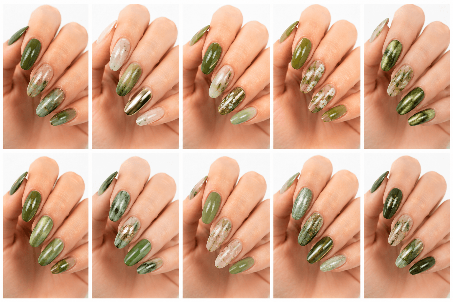 Green nails bring a natural, fashionable, and creative feeling to manicure design. The style can look soft with sage or mint, luxurious with emerald, earthy with olive, or playful with lime. Green is often associated with freshness, plants, renewal, and calm energy, making it perfect for botanical, spring, eco-inspired, and modern minimalist nail collections. It also fits fashion-forward looks because green has become a strong color in accessories, street style, and editorial beauty. From simple glossy polish to marble, cat-eye, chrome, leaf art, or jade-inspired designs, green nails help users express individuality while still feeling balanced and wearable.