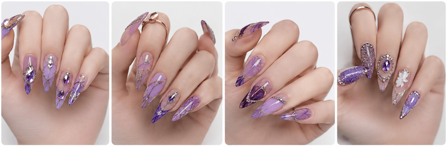Purple nails combine romance, creativity, mystery, and elegance in one color family. Soft lavender feels dreamy and delicate, lilac gives a youthful pastel mood, mauve looks refined and wearable, while deep plum or royal purple adds drama and luxury. This style is excellent for users who want something more expressive than nude but softer than black or red. Purple works beautifully with floral details, aura effects, cat-eye gel, glitter, chrome, marble, and celestial motifs. It can be cute, elegant, magical, or glamorous depending on the design direction, making it highly useful for nail websites, seasonal collections, beauty apps, and personalized recommendations.