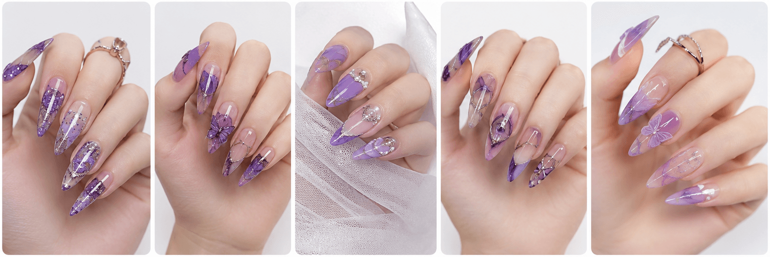 Purple nails combine romance, creativity, mystery, and elegance in one color family. Soft lavender feels dreamy and delicate, lilac gives a youthful pastel mood, mauve looks refined and wearable, while deep plum or royal purple adds drama and luxury. This style is excellent for users who want something more expressive than nude but softer than black or red. Purple works beautifully with floral details, aura effects, cat-eye gel, glitter, chrome, marble, and celestial motifs. It can be cute, elegant, magical, or glamorous depending on the design direction, making it highly useful for nail websites, seasonal collections, beauty apps, and personalized recommendations.