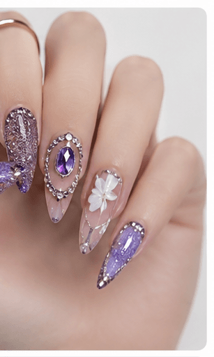 Purple nails combine romance, creativity, mystery, and elegance in one color family. Soft lavender feels dreamy and delicate, lilac gives a youthful pastel mood, mauve looks refined and wearable, while deep plum or royal purple adds drama and luxury. This style is excellent for users who want something more expressive than nude but softer than black or red. Purple works beautifully with floral details, aura effects, cat-eye gel, glitter, chrome, marble, and celestial motifs. It can be cute, elegant, magical, or glamorous depending on the design direction, making it highly useful for nail websites, seasonal collections, beauty apps, and personalized recommendations.