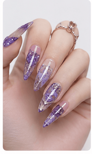 Purple nails combine romance, creativity, mystery, and elegance in one color family. Soft lavender feels dreamy and delicate, lilac gives a youthful pastel mood, mauve looks refined and wearable, while deep plum or royal purple adds drama and luxury. This style is excellent for users who want something more expressive than nude but softer than black or red. Purple works beautifully with floral details, aura effects, cat-eye gel, glitter, chrome, marble, and celestial motifs. It can be cute, elegant, magical, or glamorous depending on the design direction, making it highly useful for nail websites, seasonal collections, beauty apps, and personalized recommendations.