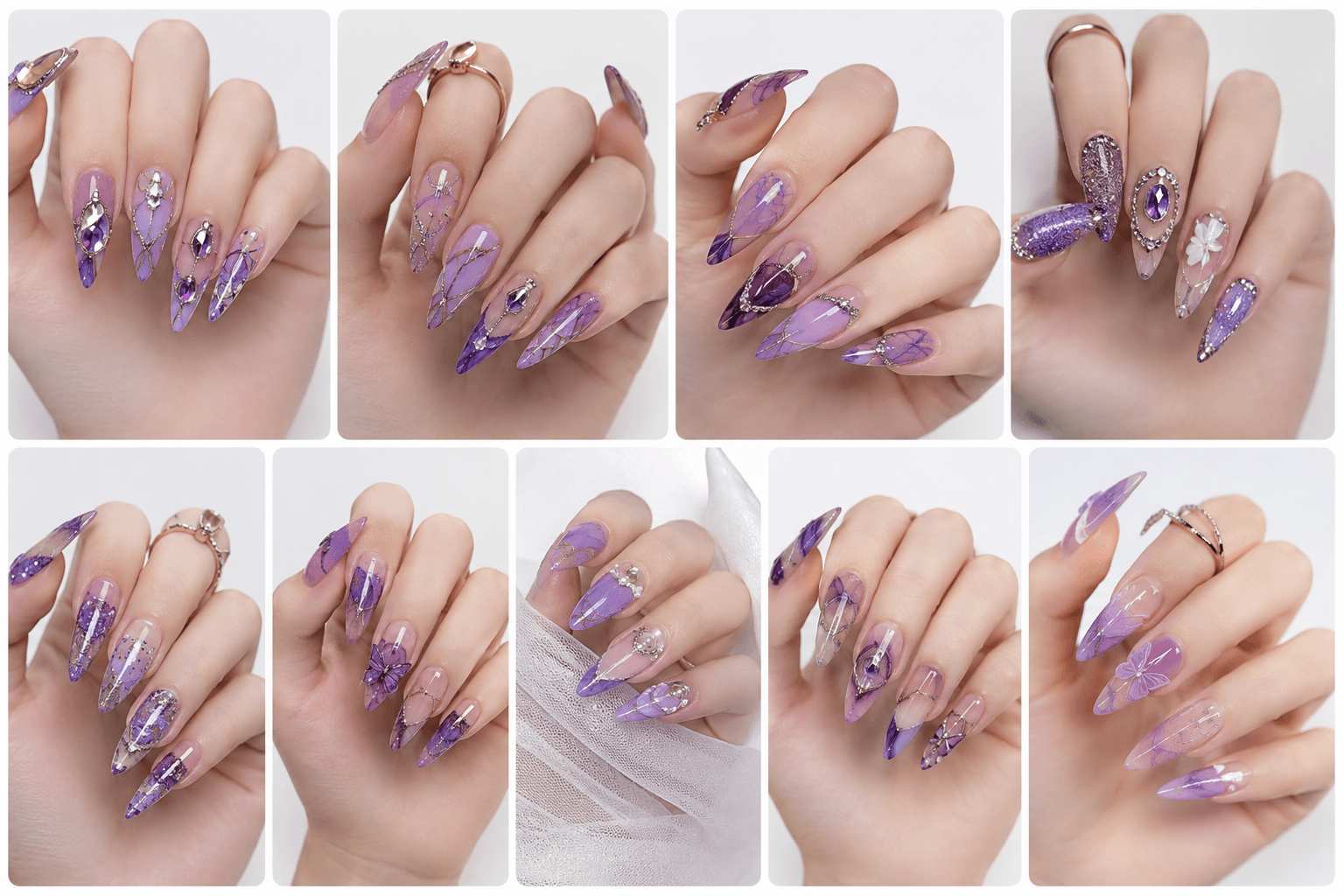 Purple nails combine romance, creativity, mystery, and elegance in one color family. Soft lavender feels dreamy and delicate, lilac gives a youthful pastel mood, mauve looks refined and wearable, while deep plum or royal purple adds drama and luxury. This style is excellent for users who want something more expressive than nude but softer than black or red. Purple works beautifully with floral details, aura effects, cat-eye gel, glitter, chrome, marble, and celestial motifs. It can be cute, elegant, magical, or glamorous depending on the design direction, making it highly useful for nail websites, seasonal collections, beauty apps, and personalized recommendations.
