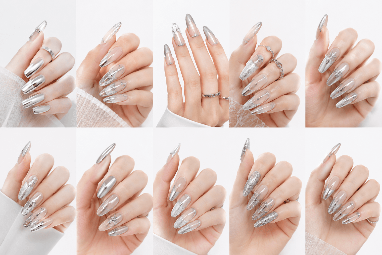Silver nails feel cool, sleek, and futuristic while still being elegant enough for formal styling. This style can be created with metallic polish, chrome powder, glitter, foil, cat-eye gel, mirror finishes, or fine silver accents. Full silver nails create a bold fashion statement, while silver details on nude, white, black, blue, or pink bases offer a softer and more wearable result. Silver is often associated with winter, technology, moonlight, jewelry, and modern luxury, making it useful for holiday collections, bridal alternatives, editorial shoots, and cyber-inspired designs. It is especially effective for users who want shine without the warmth of gold.