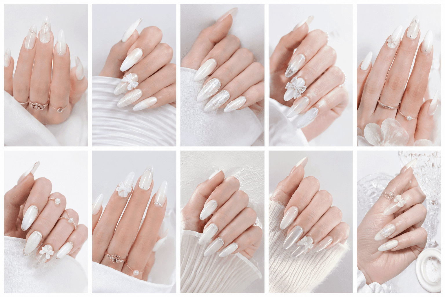 White nails are clean, elegant, and highly versatile, making them one of the most useful styles in modern nail design. A pure white manicure feels crisp and minimal, milky white looks soft and feminine, while pearl white creates a delicate luxury effect. White is a favorite for bridal nails, summer looks, clean-girl aesthetics, French manicures, and minimalist collections. It also acts as a perfect base for chrome powder, floral art, pearls, lace details, marble textures, and negative-space designs. Because white reflects light and enhances neatness, it can make the hands look fresh and refined when the application is smooth and well balanced.