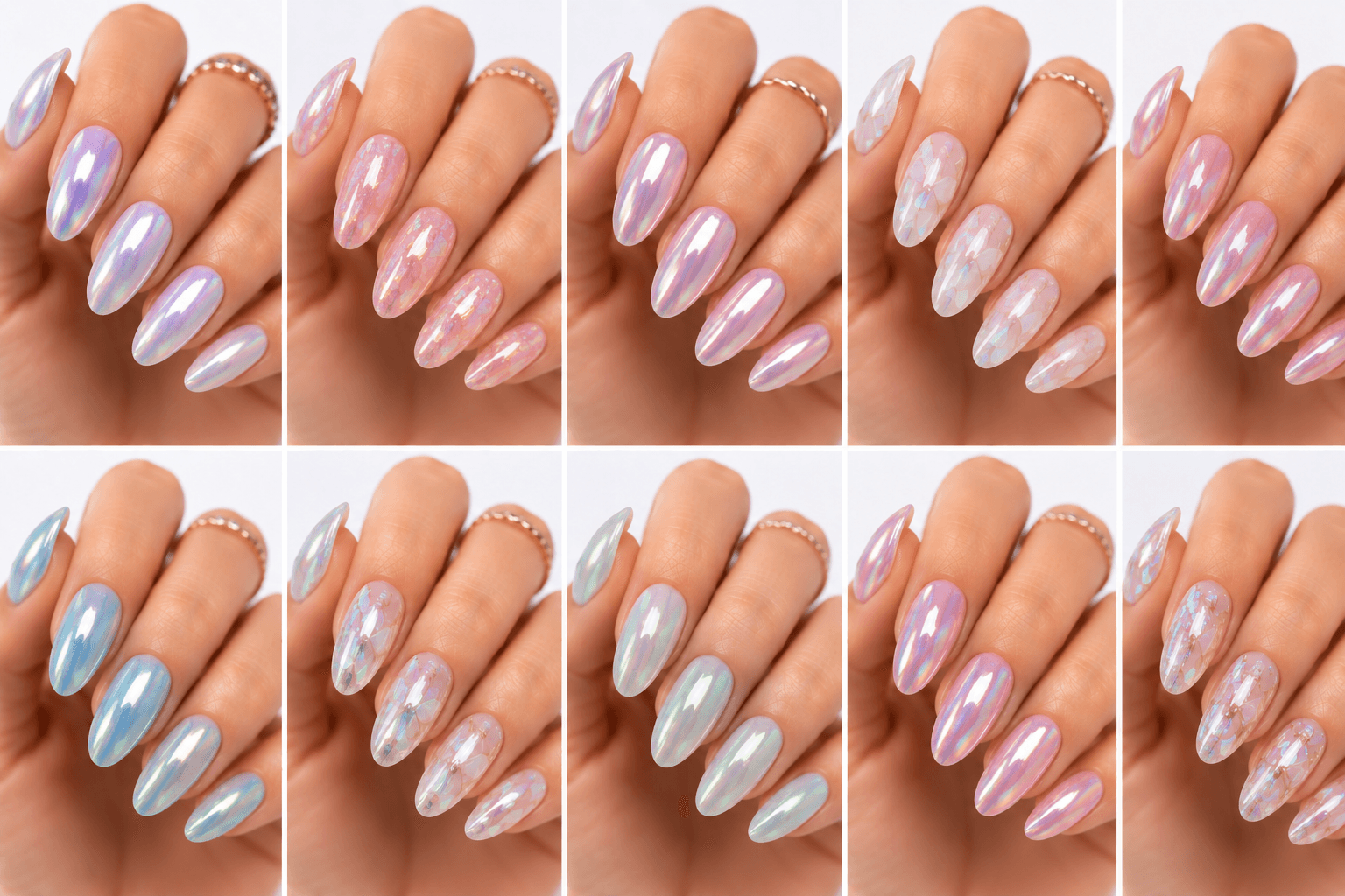 Aurora nails are inspired by the soft shifting colors of the northern lights, often blending translucent shine, pearly glow, and iridescent reflections. This style feels dreamy, feminine, and modern without being overly heavy. It usually uses sheer bases, aurora powder, opal films, or reflective flakes to create a layered glow that changes between pink, blue, lavender, green, and pearl. Aurora nails are perfect for clients who love delicate beauty with a magical effect. They work well for bridal looks, spring collections, Korean-inspired nail trends, and soft luxury designs that photograph beautifully in natural light.