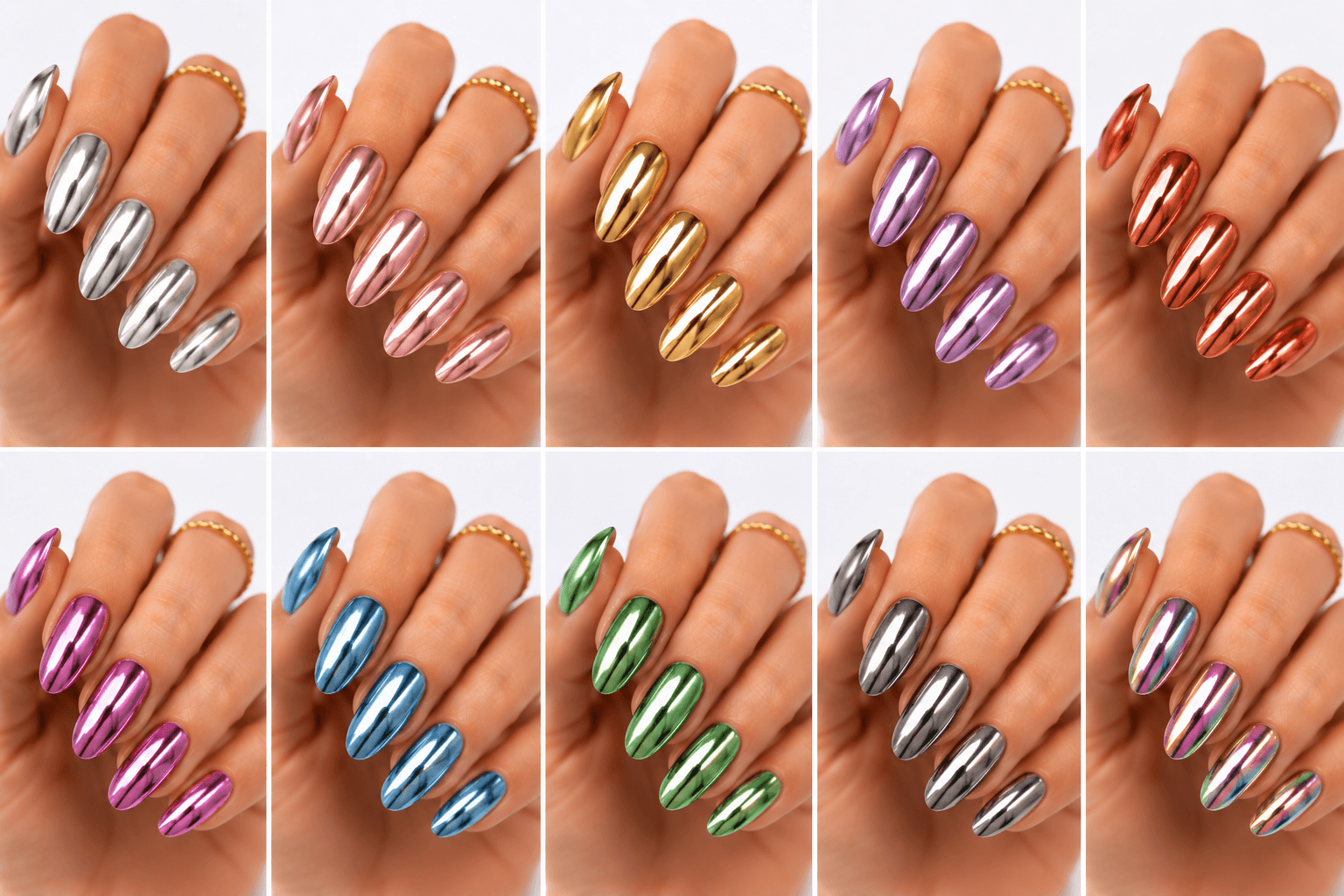 Chrome nails use chrome powder or metallic pigment rubbed over cured gel to create a smooth, reflective, high-shine surface. The result can range from mirror-like silver to soft glazed pearl, rose gold, champagne, bronze, or futuristic colored metal. Chrome is loved because it instantly makes a manicure look polished, modern, and premium without requiring complex patterns. It can be used as a full set, French tip, aura overlay, accent detail, or combined with 3D, pearls, marble, or minimalist line art. For nail websites and apps, chrome is highly searchable because it clearly communicates luxury, shine, and trend-focused beauty.