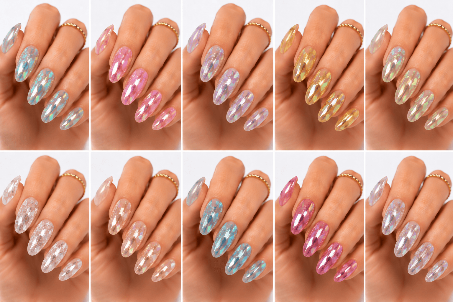 Glass nails are designed to look clear, reflective, and polished like smooth glass. The effect may be created with transparent extensions, high-gloss top coat, glass film, iridescent shards, or clear sculpted gel. This style can feel futuristic, delicate, bridal, or editorial depending on the details. Clear glass nails look minimal and clean, while broken-glass films create dramatic light reflection. Soft glass designs with pearl, aurora, or nude bases are popular for elegant daily wear. Glass nails are especially useful for photo galleries and beauty apps because they communicate clarity, shine, transparency, and modern luxury in a very visual way.