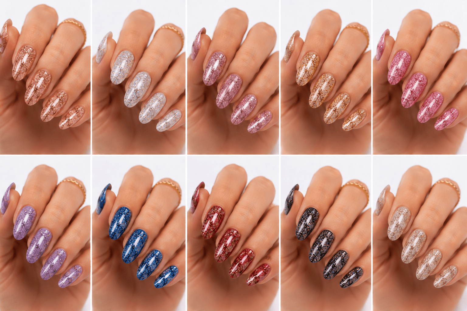 Glitter nails use fine shimmer, chunky glitter, reflective particles, or mixed sparkle gels to create a bright, festive, and eye-catching manicure. This style can be subtle with a sheer glitter wash, elegant with champagne sparkle, playful with colorful confetti, or dramatic with full-coverage glitter. It is one of the most flexible nail styles because it works as a full set, gradient, French tip, accent nail, or layered detail over another design. Glitter nails are especially useful for holiday collections, party looks, bridal sparkle, salon galleries, and users who want nails that instantly feel more joyful and photogenic.