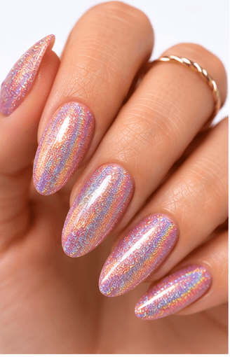 Hologram nails use rainbow-reflective particles, films, powders, or foils to create a multi-dimensional shine that changes under light. The effect can look futuristic, playful, festival-ready, or surprisingly elegant when applied over a soft base. Unlike regular glitter, hologram nails reflect a spectrum of colors, often shifting through silver, pink, blue, green, and violet. This style is strong for image galleries and AI recommendations because it is visually distinct and easy to recognize. It works well as a full reflective manicure, accent nail, French tip, jelly overlay, or layered detail in space, mermaid, cyber, and party-inspired designs.