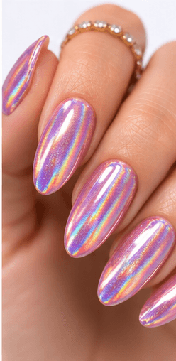 Hologram nails use rainbow-reflective particles, films, powders, or foils to create a multi-dimensional shine that changes under light. The effect can look futuristic, playful, festival-ready, or surprisingly elegant when applied over a soft base. Unlike regular glitter, hologram nails reflect a spectrum of colors, often shifting through silver, pink, blue, green, and violet. This style is strong for image galleries and AI recommendations because it is visually distinct and easy to recognize. It works well as a full reflective manicure, accent nail, French tip, jelly overlay, or layered detail in space, mermaid, cyber, and party-inspired designs.