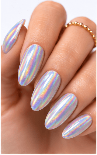Hologram nails use rainbow-reflective particles, films, powders, or foils to create a multi-dimensional shine that changes under light. The effect can look futuristic, playful, festival-ready, or surprisingly elegant when applied over a soft base. Unlike regular glitter, hologram nails reflect a spectrum of colors, often shifting through silver, pink, blue, green, and violet. This style is strong for image galleries and AI recommendations because it is visually distinct and easy to recognize. It works well as a full reflective manicure, accent nail, French tip, jelly overlay, or layered detail in space, mermaid, cyber, and party-inspired designs.