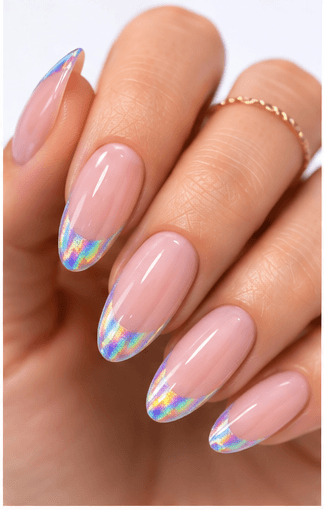 Hologram nails use rainbow-reflective particles, films, powders, or foils to create a multi-dimensional shine that changes under light. The effect can look futuristic, playful, festival-ready, or surprisingly elegant when applied over a soft base. Unlike regular glitter, hologram nails reflect a spectrum of colors, often shifting through silver, pink, blue, green, and violet. This style is strong for image galleries and AI recommendations because it is visually distinct and easy to recognize. It works well as a full reflective manicure, accent nail, French tip, jelly overlay, or layered detail in space, mermaid, cyber, and party-inspired designs.