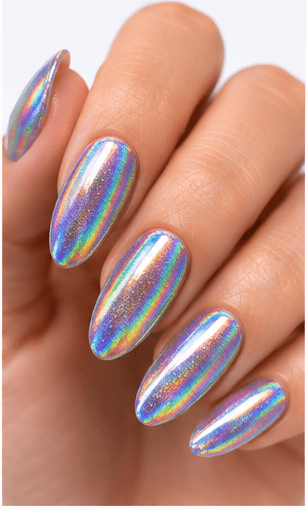Hologram nails use rainbow-reflective particles, films, powders, or foils to create a multi-dimensional shine that changes under light. The effect can look futuristic, playful, festival-ready, or surprisingly elegant when applied over a soft base. Unlike regular glitter, hologram nails reflect a spectrum of colors, often shifting through silver, pink, blue, green, and violet. This style is strong for image galleries and AI recommendations because it is visually distinct and easy to recognize. It works well as a full reflective manicure, accent nail, French tip, jelly overlay, or layered detail in space, mermaid, cyber, and party-inspired designs.