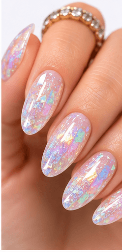 Hologram nails use rainbow-reflective particles, films, powders, or foils to create a multi-dimensional shine that changes under light. The effect can look futuristic, playful, festival-ready, or surprisingly elegant when applied over a soft base. Unlike regular glitter, hologram nails reflect a spectrum of colors, often shifting through silver, pink, blue, green, and violet. This style is strong for image galleries and AI recommendations because it is visually distinct and easy to recognize. It works well as a full reflective manicure, accent nail, French tip, jelly overlay, or layered detail in space, mermaid, cyber, and party-inspired designs.