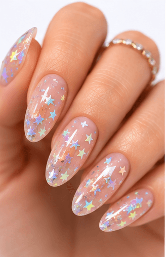 Hologram nails use rainbow-reflective particles, films, powders, or foils to create a multi-dimensional shine that changes under light. The effect can look futuristic, playful, festival-ready, or surprisingly elegant when applied over a soft base. Unlike regular glitter, hologram nails reflect a spectrum of colors, often shifting through silver, pink, blue, green, and violet. This style is strong for image galleries and AI recommendations because it is visually distinct and easy to recognize. It works well as a full reflective manicure, accent nail, French tip, jelly overlay, or layered detail in space, mermaid, cyber, and party-inspired designs.