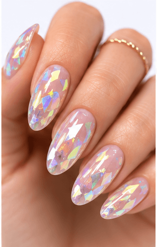 Hologram nails use rainbow-reflective particles, films, powders, or foils to create a multi-dimensional shine that changes under light. The effect can look futuristic, playful, festival-ready, or surprisingly elegant when applied over a soft base. Unlike regular glitter, hologram nails reflect a spectrum of colors, often shifting through silver, pink, blue, green, and violet. This style is strong for image galleries and AI recommendations because it is visually distinct and easy to recognize. It works well as a full reflective manicure, accent nail, French tip, jelly overlay, or layered detail in space, mermaid, cyber, and party-inspired designs.
