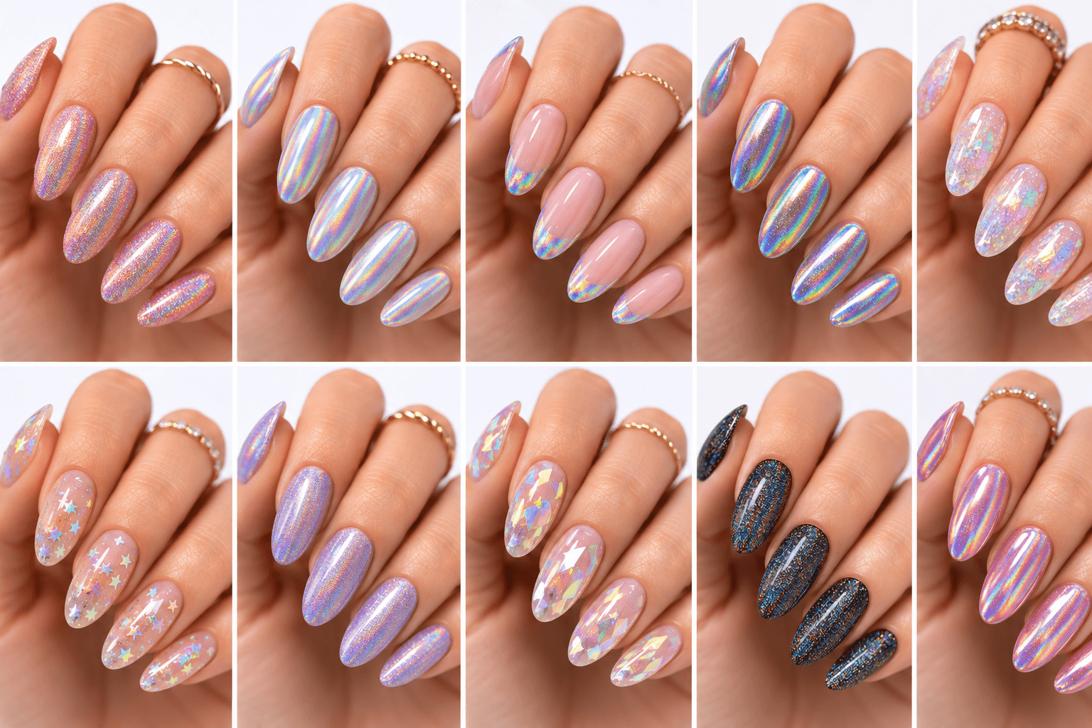 Hologram nails use rainbow-reflective particles, films, powders, or foils to create a multi-dimensional shine that changes under light. The effect can look futuristic, playful, festival-ready, or surprisingly elegant when applied over a soft base. Unlike regular glitter, hologram nails reflect a spectrum of colors, often shifting through silver, pink, blue, green, and violet. This style is strong for image galleries and AI recommendations because it is visually distinct and easy to recognize. It works well as a full reflective manicure, accent nail, French tip, jelly overlay, or layered detail in space, mermaid, cyber, and party-inspired designs.