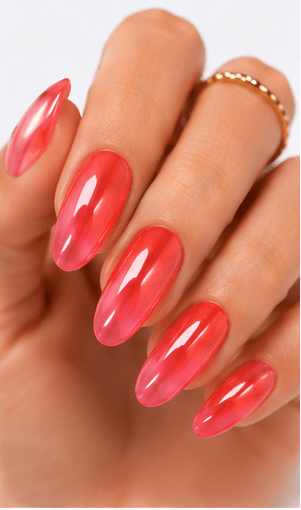 Jelly nails use translucent gel colors to create a juicy, glassy, and slightly playful manicure. The finish looks like tinted candy, fruit syrup, or clear jelly layered over the natural nail. This style is loved because it feels fresh and light while still adding color and shine. Jelly nails can be simple as a sheer one-color set, trendy with syrup gradients, cute with fruit motifs, or luxurious when paired with chrome, pearls, aurora powder, or 3D accents. They are especially useful for summer collections, Korean-inspired nail trends, youthful beauty apps, and clients who want color without a heavy opaque finish.