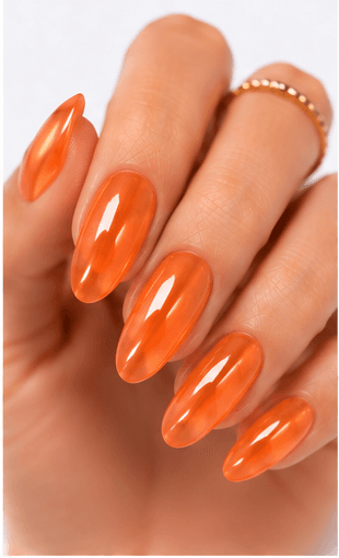 Jelly nails use translucent gel colors to create a juicy, glassy, and slightly playful manicure. The finish looks like tinted candy, fruit syrup, or clear jelly layered over the natural nail. This style is loved because it feels fresh and light while still adding color and shine. Jelly nails can be simple as a sheer one-color set, trendy with syrup gradients, cute with fruit motifs, or luxurious when paired with chrome, pearls, aurora powder, or 3D accents. They are especially useful for summer collections, Korean-inspired nail trends, youthful beauty apps, and clients who want color without a heavy opaque finish.