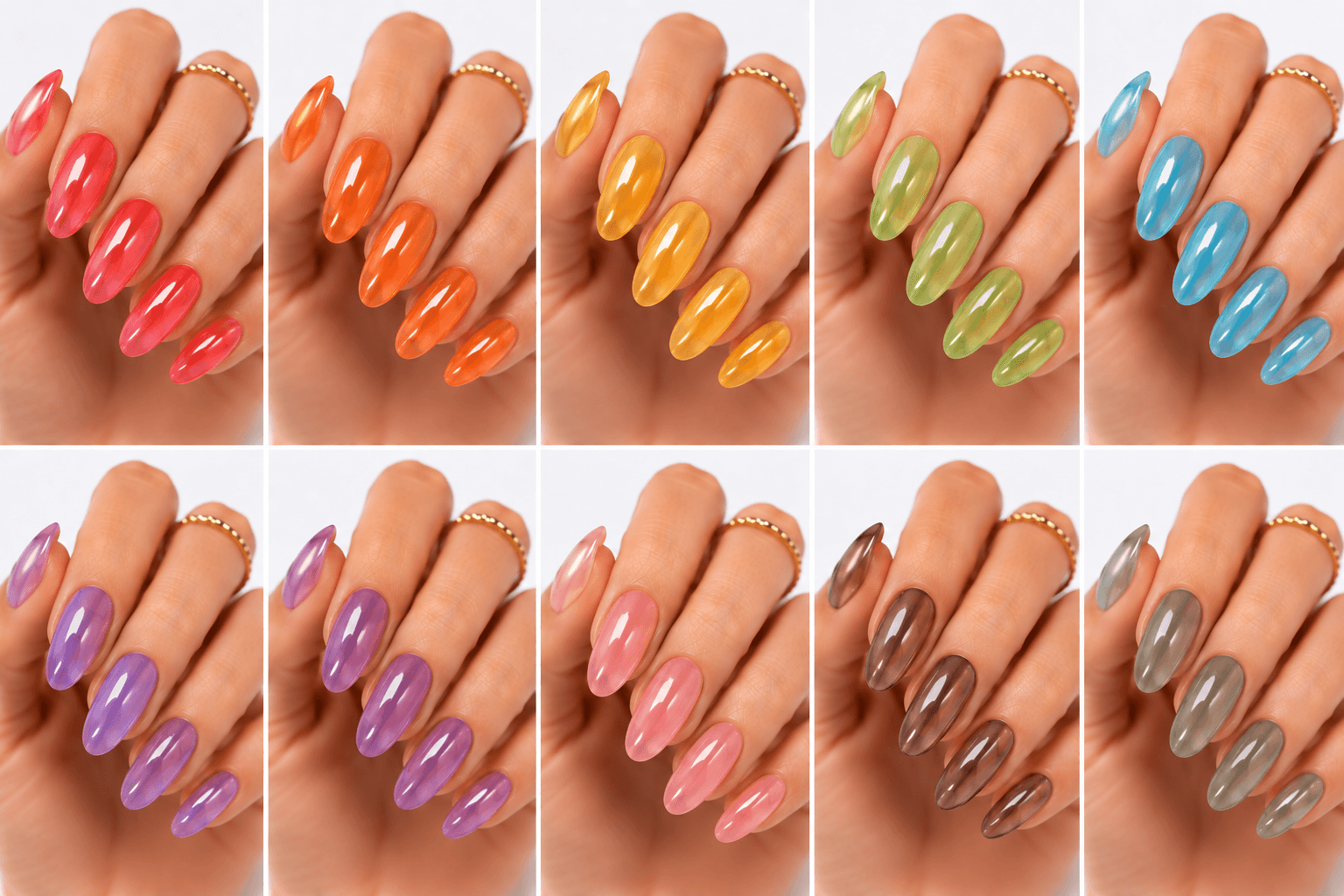 Jelly nails use translucent gel colors to create a juicy, glassy, and slightly playful manicure. The finish looks like tinted candy, fruit syrup, or clear jelly layered over the natural nail. This style is loved because it feels fresh and light while still adding color and shine. Jelly nails can be simple as a sheer one-color set, trendy with syrup gradients, cute with fruit motifs, or luxurious when paired with chrome, pearls, aurora powder, or 3D accents. They are especially useful for summer collections, Korean-inspired nail trends, youthful beauty apps, and clients who want color without a heavy opaque finish.