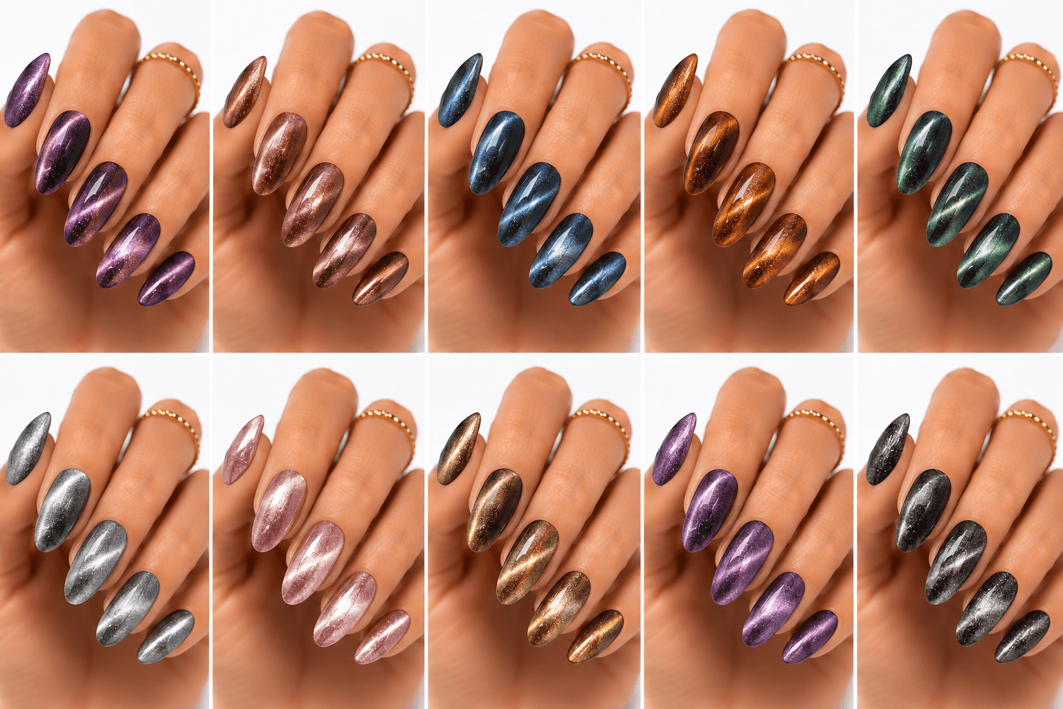 Magnetic nails use gel polish containing tiny magnetic particles that can be moved with a magnet before curing. This creates shifting light, velvet shimmer, cat-eye beams, galaxy effects, and dimensional depth across the nail. The style is highly versatile because one magnetic gel can create several different looks depending on the magnet angle, distance, and timing. Magnetic nails can feel luxurious in jewel tones, soft in champagne or nude, futuristic in silver, or romantic in rose pink. They are ideal for salon menus, trend-based nail apps, and recommendation systems because the effect is visually dynamic and easy to categorize by color, light shape, and mood.