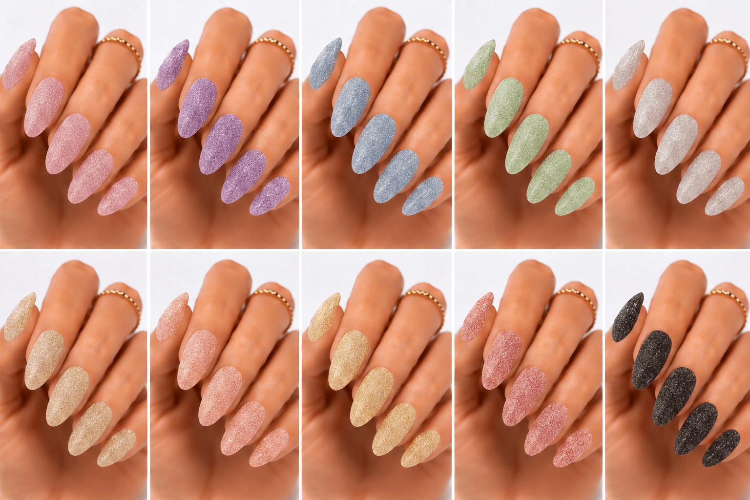 Sugar nails create a fine sparkling texture that looks like crystallized sugar dusted over the nail surface. The effect is usually made with sugar powder, fine glitter, textured gel, or sprinkled particles that stay slightly raised after curing. This style feels cute, festive, and tactile, but it can also look refined when done in white, champagne, or soft pastel tones. Sugar nails are popular for snow themes, holiday designs, dessert-inspired looks, bridal sparkle, and kawaii collections. They work especially well as accent nails, sweater patterns, frosted French tips, or delicate textured details in photo galleries and salon menus.