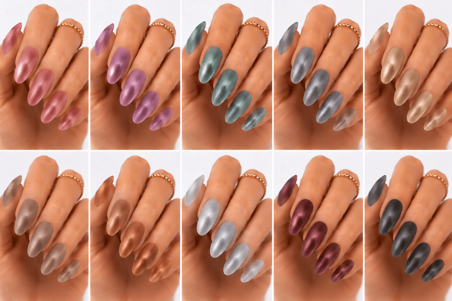 Velvet nails create a soft, plush-looking glow that resembles velvet fabric under light. The effect is most often achieved with magnetic gel, fine shimmer, or reflective particles diffused across the nail instead of pulled into a sharp cat-eye line. This gives the manicure a gentle, luxurious, and dimensional finish. Velvet nails can look cozy in deep winter colors, romantic in pink or champagne, and modern in taupe, gray, or nude tones. They are excellent for clients who want shimmer but not obvious glitter, and they work beautifully for seasonal salon collections, elegant date-night looks, office-friendly glam, and close-up photo content.