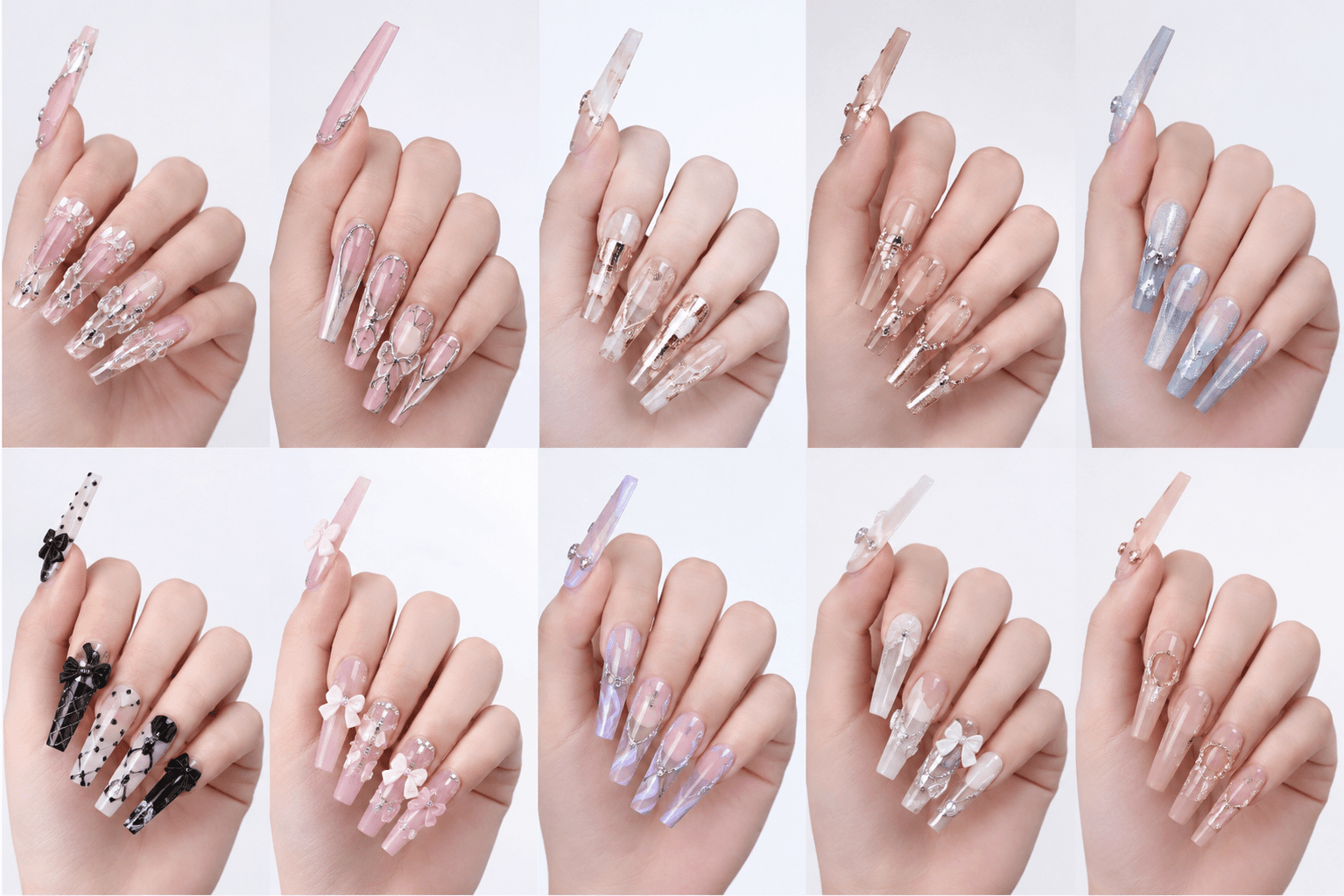 Extra-long nails are dramatic, high-impact nails that extend far beyond the fingertip and are often used for fashion shoots, performances, luxury nail art, competitions, and statement beauty looks. This length creates the largest canvas for complex designs, including 3D sculpture, rhinestone layouts, fantasy art, character concepts, chrome gradients, encapsulated details, and extreme shapes. Extra-long nails are ideal for clients who want maximum visibility and are comfortable adapting daily habits around their manicure. They are highly valuable for salon portfolios, social media, editorial collections, and AI galleries, but they require advanced technique, strong structure, and careful maintenance.