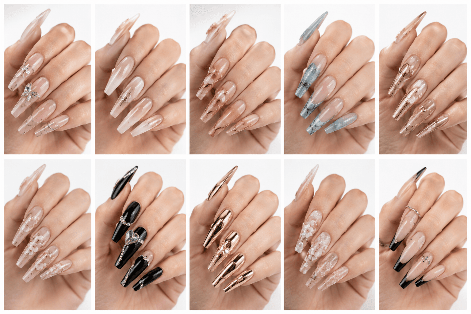 Long nails create a glamorous and expressive look with enough surface area for detailed nail art, extended shapes, and dramatic finishes. This length usually extends clearly beyond the fingertip, making the hands appear more elegant, fashionable, and eye-catching. Long nails work especially well with almond, coffin, ballerina, stiletto, and long square shapes. They are ideal for chrome, ombre, cat-eye, marble, rhinestones, 3D accents, hand-painted art, bridal designs, and social media-friendly collections. Long nails are valuable for salon portfolios and AI recommendations because they clearly show design details, but they require stronger structure and more careful daily maintenance.