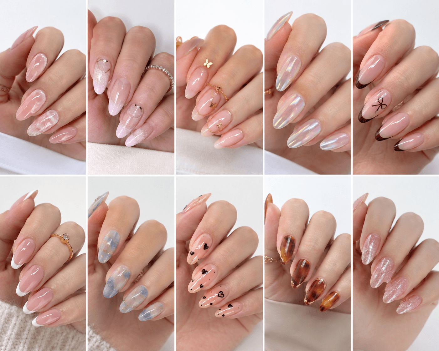 Almond nails are shaped with tapered sides and a softly rounded point, resembling the silhouette of an almond. This shape is loved for its elegant, feminine, and lengthening effect, making the fingers appear slimmer and more refined. Almond nails work best with medium to long nails, either natural or extended, because the tapered form needs enough length to balance the tip. They pair beautifully with French tips, chrome, cat-eye, aura, floral designs, pearls, marble, and bridal styles. Almond is a strong choice for clients who want sophistication, trend appeal, and a flattering hand shape without the sharpness of stiletto nails.