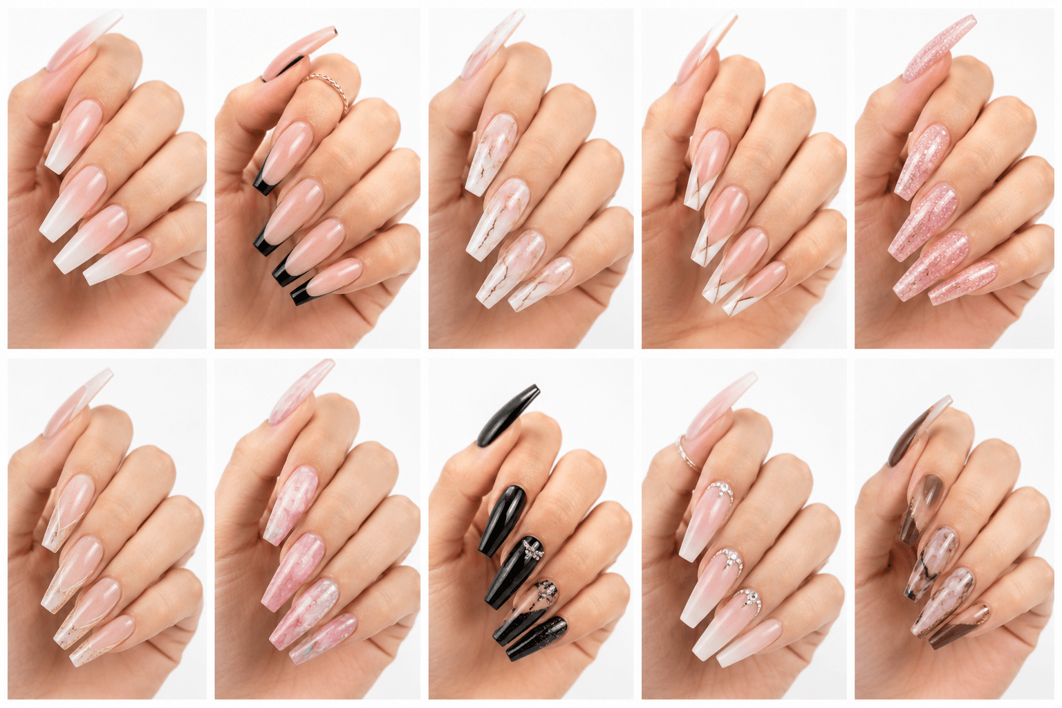 Ballerina nails are tapered with a flat tip, inspired by the shape of a ballet pointe shoe. They are very close to coffin nails, but the name emphasizes a softer, more graceful, and fashion-elegant feeling. This shape usually requires medium to long length so the sides can narrow smoothly before ending in a straight edge. Ballerina nails are popular for clients who want glamour, elegance, and enough surface area for creative nail art. They work beautifully with French tips, nude ombre, pearls, chrome, glitter, rhinestones, bridal designs, and soft luxury looks. The shape is photogenic, refined, and ideal for statement collections.