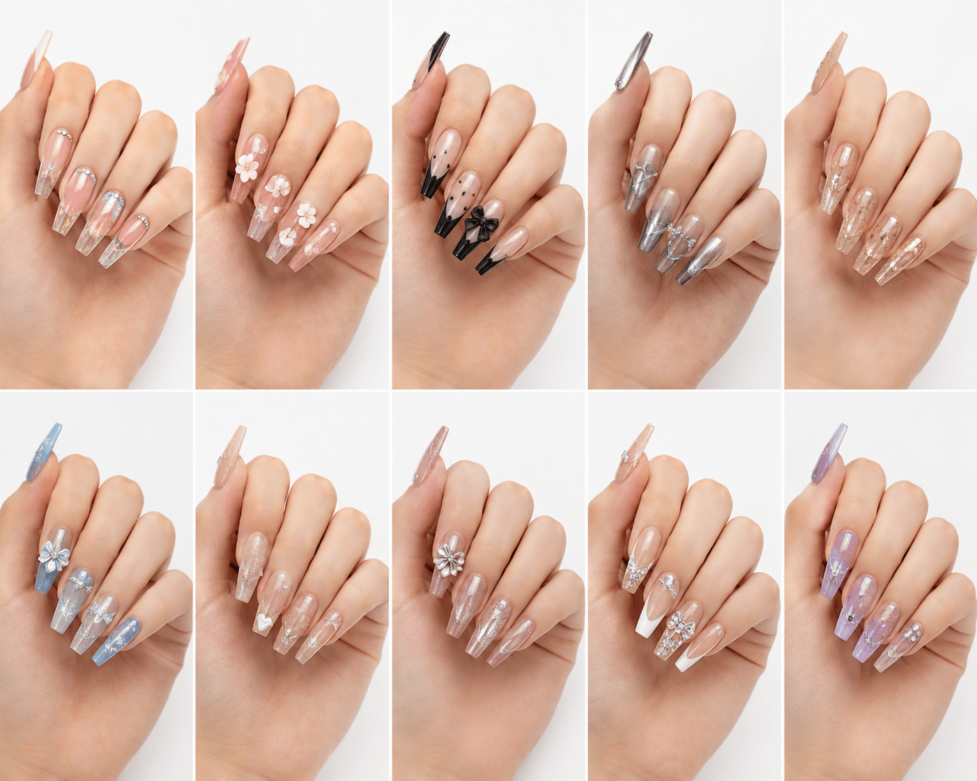 Coffin nails have tapered sides and a flat squared tip, creating a bold, structured shape with strong fashion impact. The silhouette is similar to ballerina nails and is usually worn at medium to long lengths to show the taper clearly. Coffin nails are popular for clients who want glamorous, trendy, and highly photogenic manicures. The broad flat tip gives enough space for French designs, chrome, ombre, rhinestones, 3D accents, marble, glitter, and detailed nail art. This shape is excellent for salon galleries, social media content, party looks, and statement sets, but it requires good structure to stay durable.