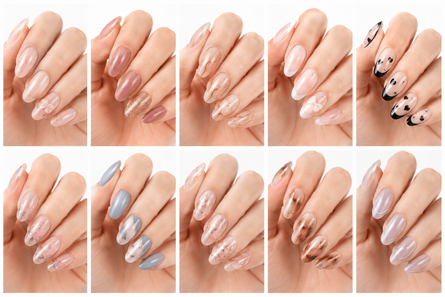 Oval nails have softly tapered sides and a rounded tip, creating a graceful shape that visually lengthens the fingers without looking sharp. This shape is more elegant than round nails but still comfortable and wearable for daily life. Oval nails are popular for clients who want a feminine, balanced, and polished manicure that works across many styles. They pair beautifully with French tips, nude gradients, pearl finishes, floral art, cat-eye, chrome, and wedding designs. Oval is especially useful in nail recommendation systems because it suits many hand types, many ages, and both short-to-medium natural nails and longer extensions.