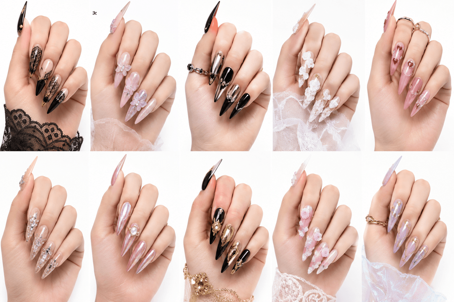 Stiletto nails are long, sharply tapered nails that end in a pointed tip, creating the most dramatic and high-fashion silhouette among common nail shapes. This shape makes the fingers look longer and more striking, but it is designed more for impact than everyday practicality. Stiletto nails are often used for editorial shoots, performances, cosplay-inspired looks, gothic themes, luxury embellishments, and statement salon sets. They pair well with chrome, rhinestones, 3D art, dark colors, red, black, cat-eye, glitter, and fantasy designs. Because the pointed tip needs strength and careful balance, stiletto nails usually require extensions or strong structured gel.