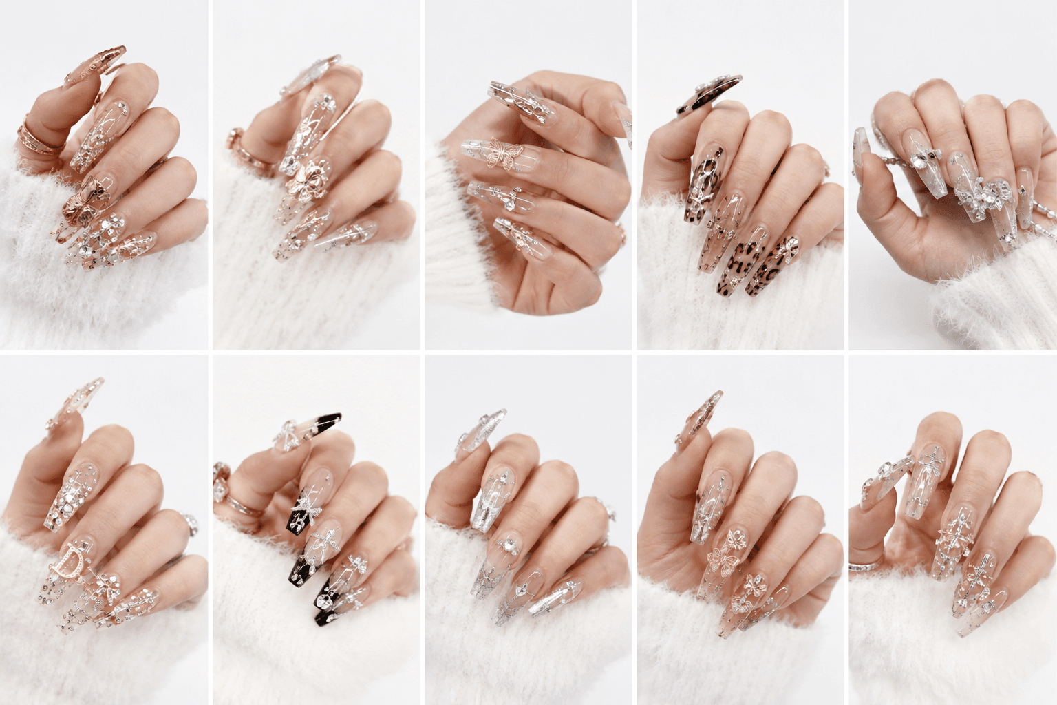 Gyaru nail style is bold, glamorous, and unapologetically flashy. Inspired by the vibrant Japanese gyaru subculture, it features long nails adorned with heavy glitter, rhinestones, chrome effects, animal prints, and striking color combinations. This style celebrates confidence, femininity, and maximum visual impact, perfect for those who love standing out.
