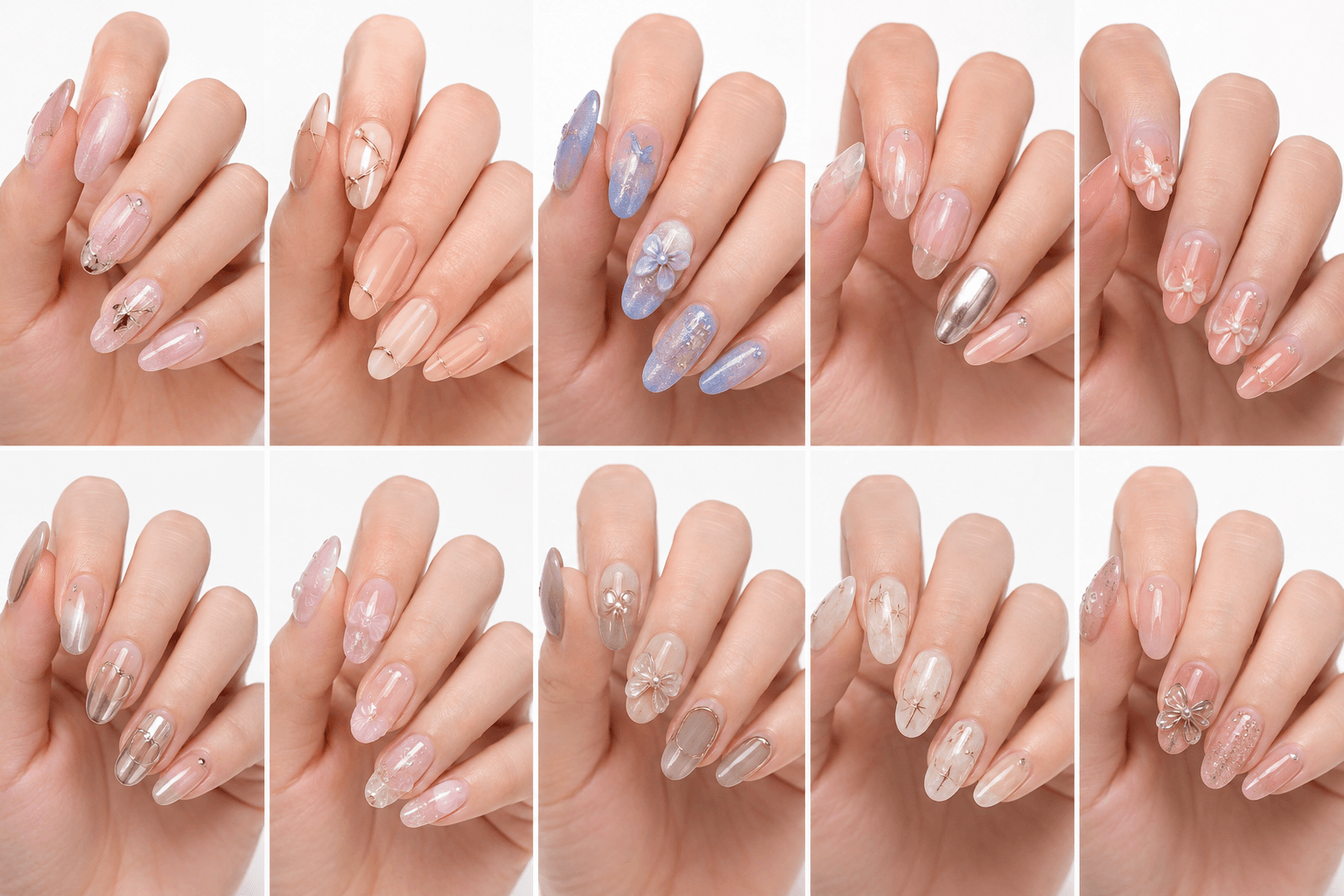 Korean nail style reflects the trendy, delicate beauty of K-beauty. It combines soft romantic elements with clean, modern techniques, featuring glossy finishes, subtle gradients, dainty floral art, and elegant details. This style emphasizes natural elegance with a touch of cuteness, making it highly popular for its fresh, youthful, and Instagram-worthy appearance.