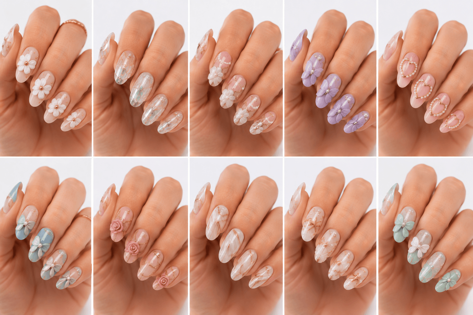 3D nails use sculpted gel, acrylic, charms, pearls, rhinestones, bows, flowers, shells, or raised decorations to create visible dimension on the nail surface. This style is bold, tactile, and highly photogenic, making it popular for special events, editorial shoots, idol-inspired looks, and statement salon collections. 3D nail art can be sweet with bows and flowers, luxurious with pearls and crystals, or artistic with sculptural shapes and abstract textures. Because the elements stand above the nail, the design creates a strong visual identity that is easy to recognize in images, recommendations, and themed nail galleries.