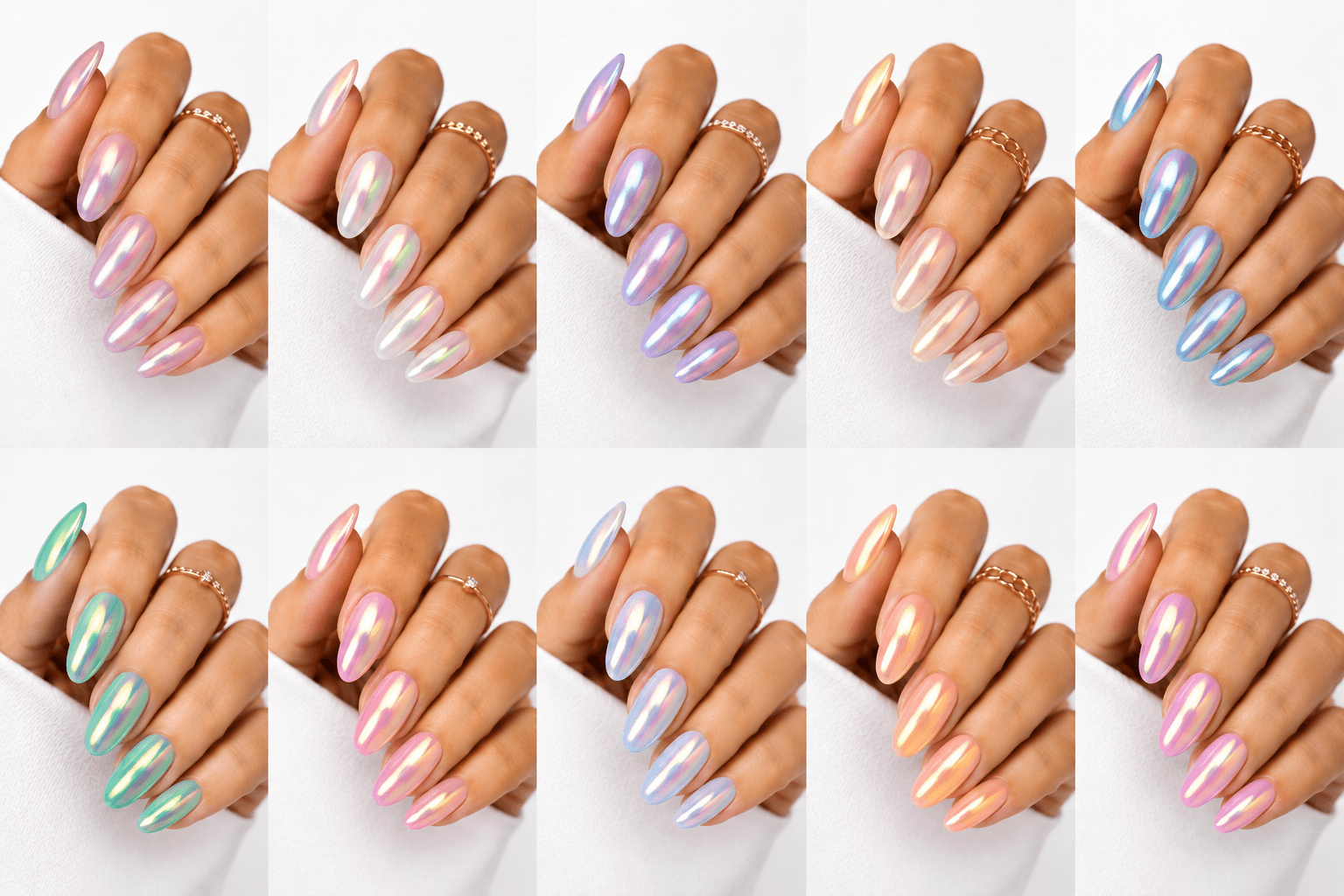 Aurora nails are inspired by the soft shifting colors of the northern lights, often blending translucent shine, pearly glow, and iridescent reflections. This style feels dreamy, feminine, and modern without being overly heavy. It usually uses sheer bases, aurora powder, opal films, or reflective flakes to create a layered glow that changes between pink, blue, lavender, green, and pearl. Aurora nails are perfect for clients who love delicate beauty with a magical effect. They work well for bridal looks, spring collections, Korean-inspired nail trends, and soft luxury designs that photograph beautifully in natural light.