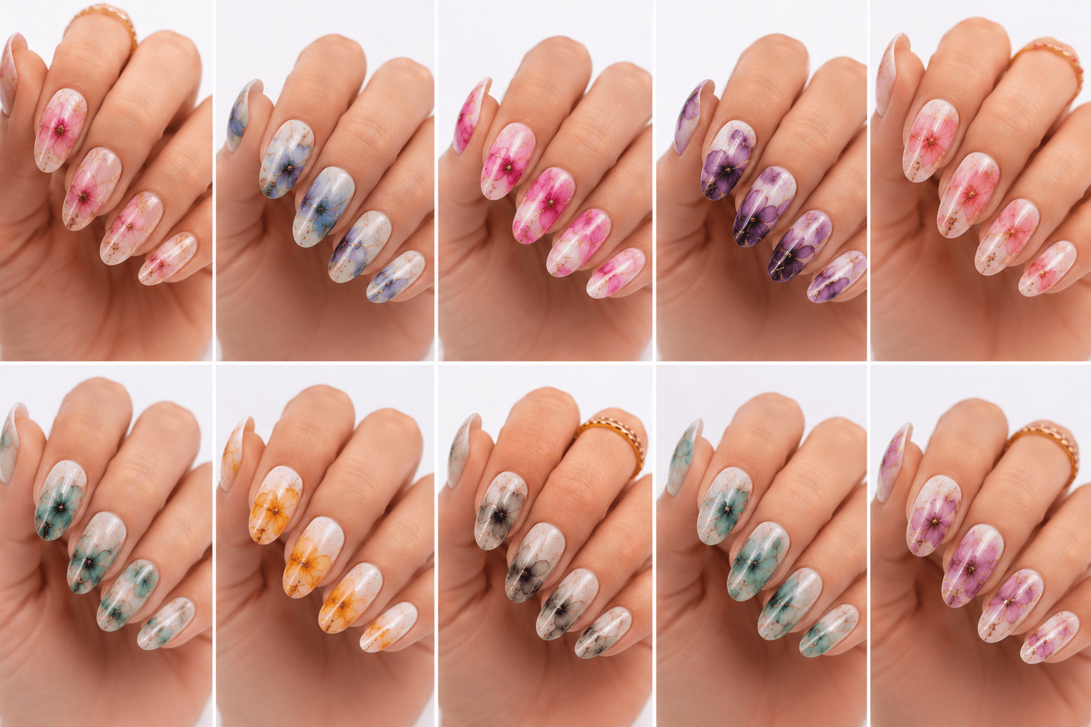 Blooming nails use blooming gel to let colors naturally spread, soften, and expand on the nail surface. The result can resemble flower petals, ink drops, marble smoke, tie-dye, or abstract watercolor effects. This style is loved because it creates movement quickly while still looking custom and artistic. Depending on the palette, blooming nails can be sweet, dreamy, edgy, or luxurious. They are useful for salon menus because one technique can create many different looks, from soft floral bridal nails to bold festival-inspired designs. The organic diffusion makes each nail feel unique and visually expressive.