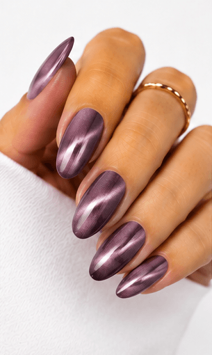 Cat-eye nails use magnetic gel to create a luminous line or velvet-like glow that shifts when the hands move. The effect resembles the reflective depth of a gemstone or a cat’s eye, giving the manicure a mysterious and elegant finish. This style is popular because it looks dimensional without needing complicated hand-painted art. It can be dramatic with dark jewel tones, romantic with pink and champagne shades, or soft and wearable with nude magnetic gels. Cat-eye nails are especially strong for salon photo collections because the light movement makes each angle look slightly different and luxurious.
