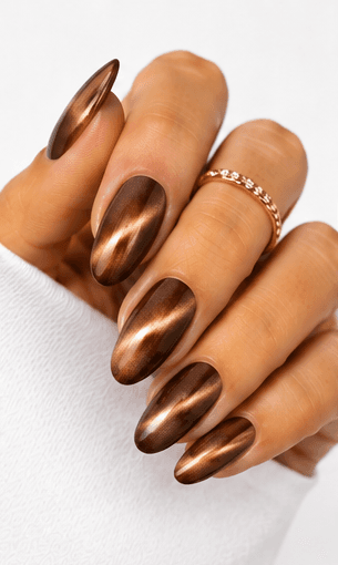 Cat-eye nails use magnetic gel to create a luminous line or velvet-like glow that shifts when the hands move. The effect resembles the reflective depth of a gemstone or a cat’s eye, giving the manicure a mysterious and elegant finish. This style is popular because it looks dimensional without needing complicated hand-painted art. It can be dramatic with dark jewel tones, romantic with pink and champagne shades, or soft and wearable with nude magnetic gels. Cat-eye nails are especially strong for salon photo collections because the light movement makes each angle look slightly different and luxurious.