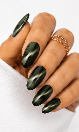 Cat-eye nails use magnetic gel to create a luminous line or velvet-like glow that shifts when the hands move. The effect resembles the reflective depth of a gemstone or a cat’s eye, giving the manicure a mysterious and elegant finish. This style is popular because it looks dimensional without needing complicated hand-painted art. It can be dramatic with dark jewel tones, romantic with pink and champagne shades, or soft and wearable with nude magnetic gels. Cat-eye nails are especially strong for salon photo collections because the light movement makes each angle look slightly different and luxurious.