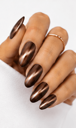 Cat-eye nails use magnetic gel to create a luminous line or velvet-like glow that shifts when the hands move. The effect resembles the reflective depth of a gemstone or a cat’s eye, giving the manicure a mysterious and elegant finish. This style is popular because it looks dimensional without needing complicated hand-painted art. It can be dramatic with dark jewel tones, romantic with pink and champagne shades, or soft and wearable with nude magnetic gels. Cat-eye nails are especially strong for salon photo collections because the light movement makes each angle look slightly different and luxurious.