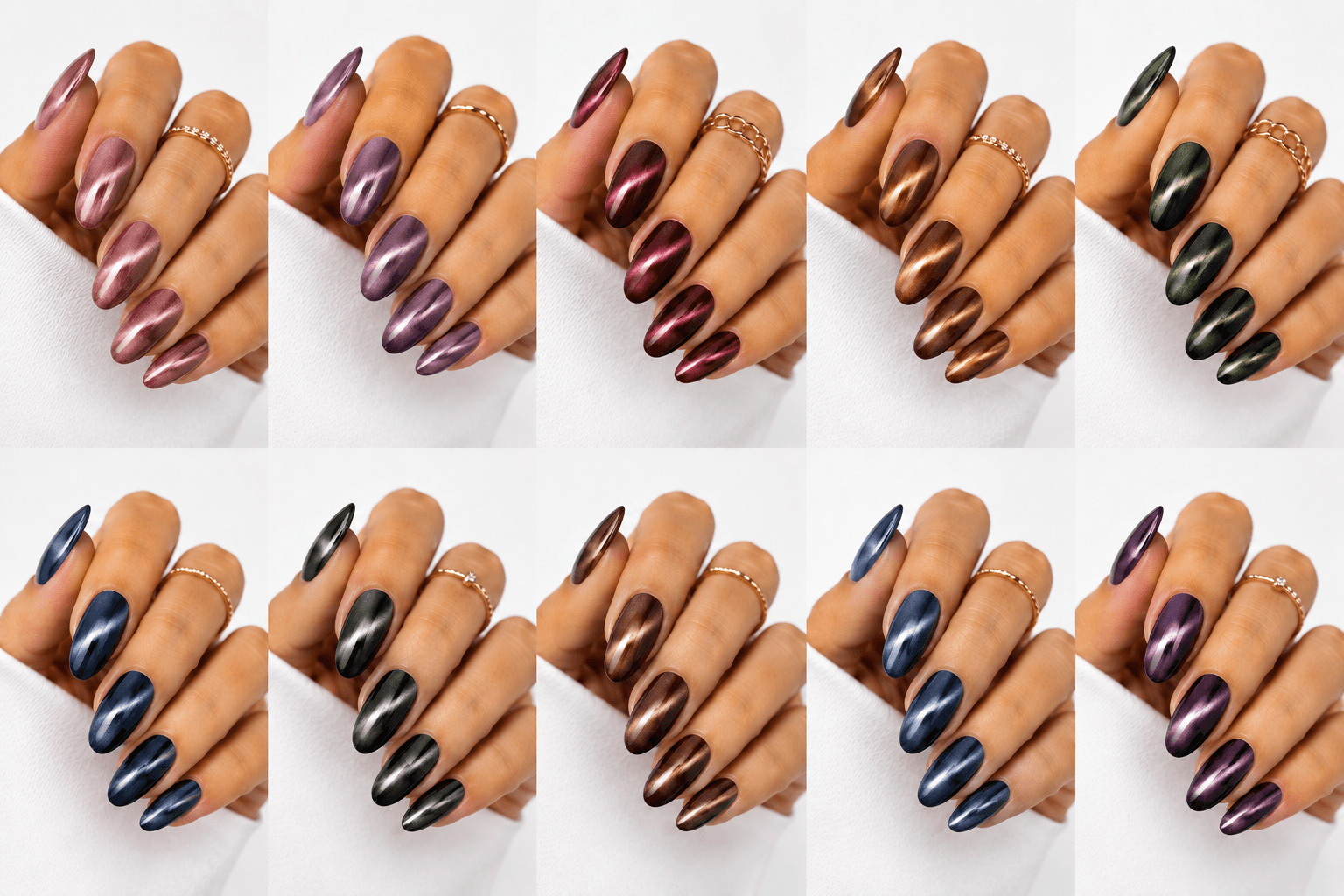 Cat-eye nails use magnetic gel to create a luminous line or velvet-like glow that shifts when the hands move. The effect resembles the reflective depth of a gemstone or a cat’s eye, giving the manicure a mysterious and elegant finish. This style is popular because it looks dimensional without needing complicated hand-painted art. It can be dramatic with dark jewel tones, romantic with pink and champagne shades, or soft and wearable with nude magnetic gels. Cat-eye nails are especially strong for salon photo collections because the light movement makes each angle look slightly different and luxurious.