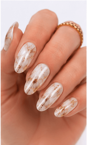 Foil nails use thin metallic or colored foil pieces to add shine, texture, and an irregular luxury effect to the manicure. The foil can be pressed lightly for scattered accents, layered under sheer gel for a soft glow, or placed boldly over dark colors for a dramatic editorial look. This style is popular because it gives every set a handcrafted, premium feeling without requiring complex hand painting. Gold foil feels elegant and bridal, silver foil looks modern, while holographic or colored foil creates a playful fashion mood. It works well for salon galleries, seasonal collections, and clients who want detail with minimal effort.