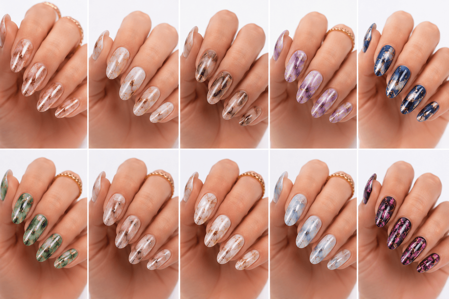 Foil nails use thin metallic or colored foil pieces to add shine, texture, and an irregular luxury effect to the manicure. The foil can be pressed lightly for scattered accents, layered under sheer gel for a soft glow, or placed boldly over dark colors for a dramatic editorial look. This style is popular because it gives every set a handcrafted, premium feeling without requiring complex hand painting. Gold foil feels elegant and bridal, silver foil looks modern, while holographic or colored foil creates a playful fashion mood. It works well for salon galleries, seasonal collections, and clients who want detail with minimal effort.