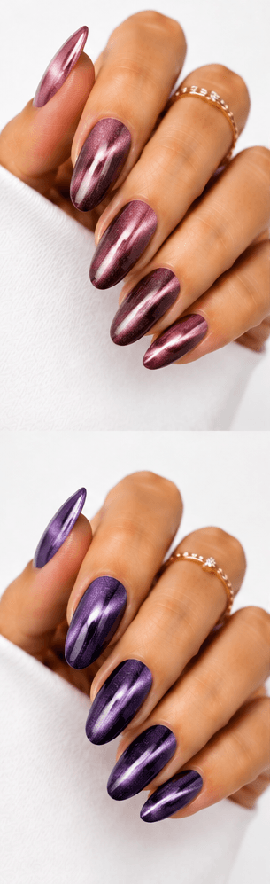 Magnet nails use magnetic gel polish to create controlled light movement, shimmer placement, and dimensional effects across the nail surface. While cat-eye is one popular version, magnet nails can include velvet glow, galaxy effects, diagonal beams, French magnet tips, and soft diffused shine. This style is highly flexible because the same gel can look completely different depending on how the magnet is applied. It is ideal for modern salon menus, trend-driven nail apps, and AI recommendations because it offers many variations from subtle everyday shine to dramatic party nails. The finish feels premium, dynamic, and visually rich.
