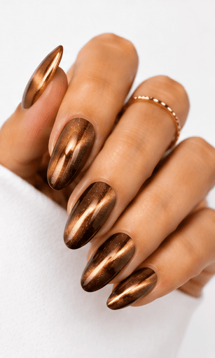 Magnet nails use magnetic gel polish to create controlled light movement, shimmer placement, and dimensional effects across the nail surface. While cat-eye is one popular version, magnet nails can include velvet glow, galaxy effects, diagonal beams, French magnet tips, and soft diffused shine. This style is highly flexible because the same gel can look completely different depending on how the magnet is applied. It is ideal for modern salon menus, trend-driven nail apps, and AI recommendations because it offers many variations from subtle everyday shine to dramatic party nails. The finish feels premium, dynamic, and visually rich.